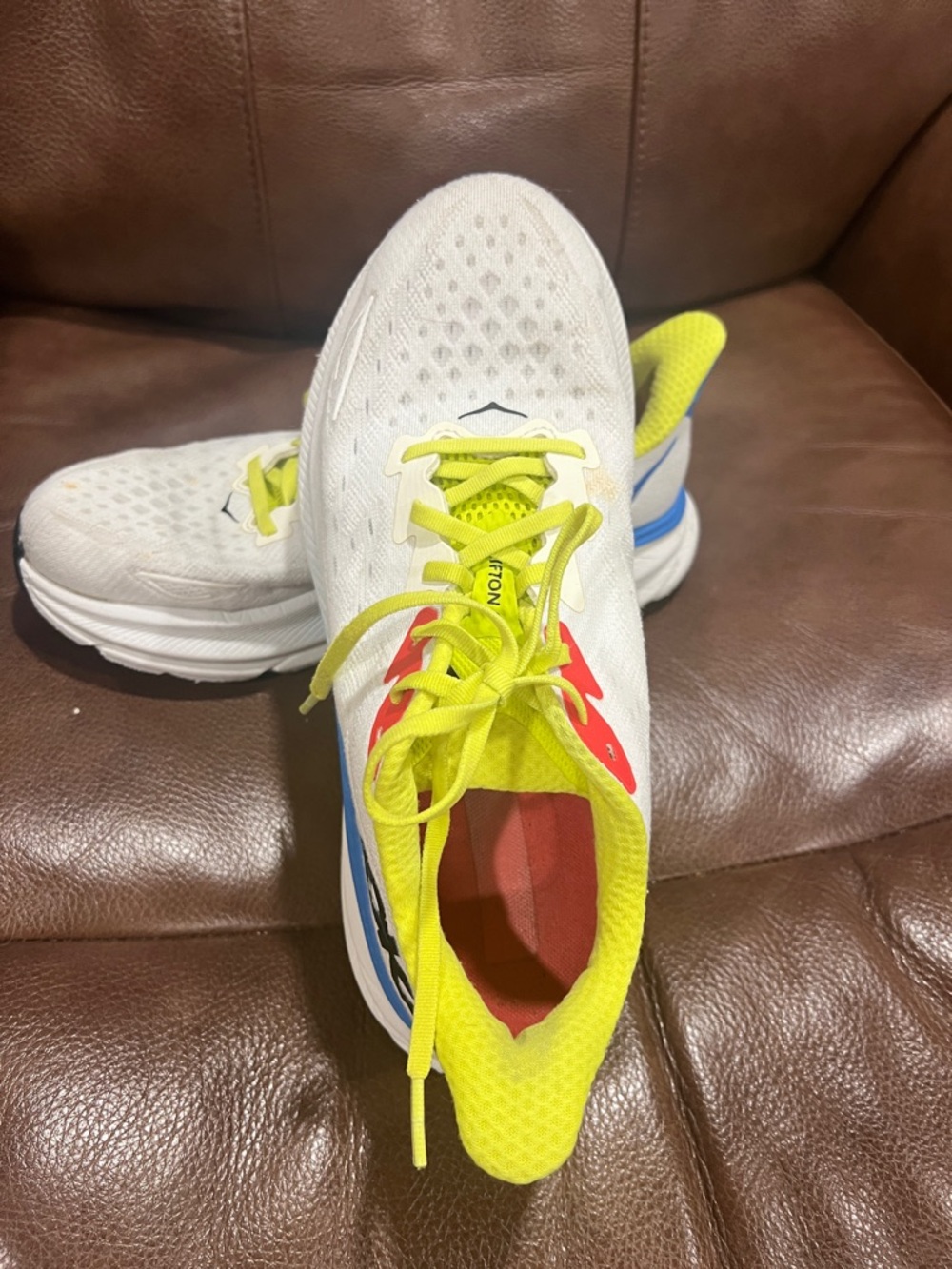 Hoka  Clifton White and Neon Yellow Mens Sneakers - Picture 7 of 15